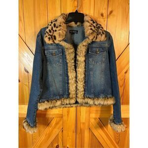 La Fiorentina Vintage Denim Jacket with Rabbit Fur Trim Size Large (0034)